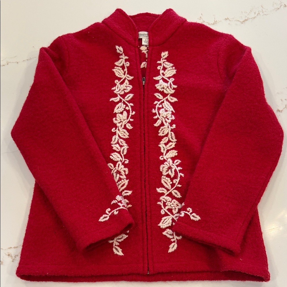 Coldwater Creek Red Jacket with Cream Embroidery